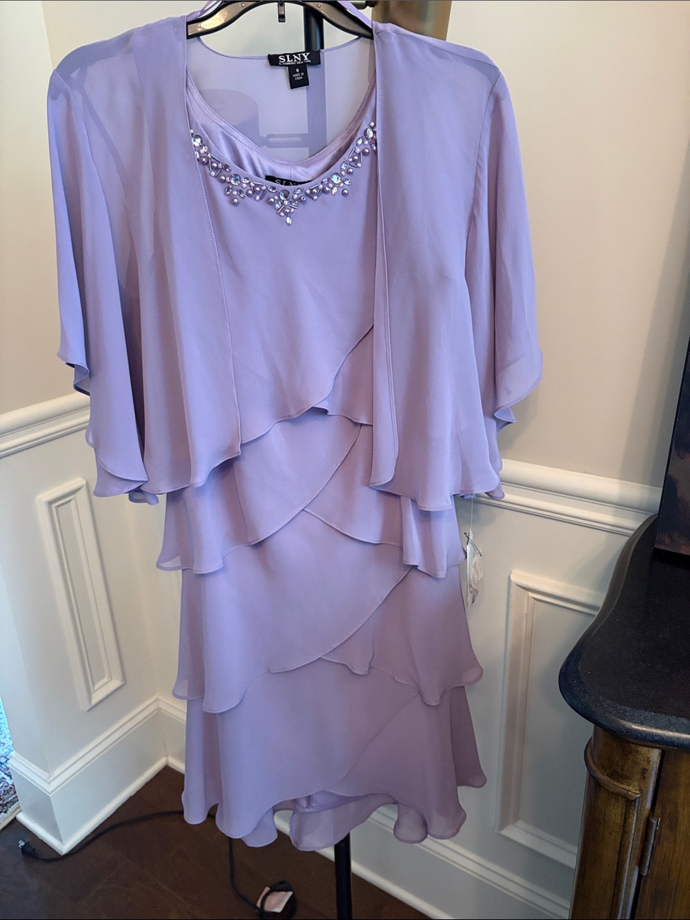 NWT SLNY 2pc Lavender Layered Chiffon Dress with Beaded Neckline